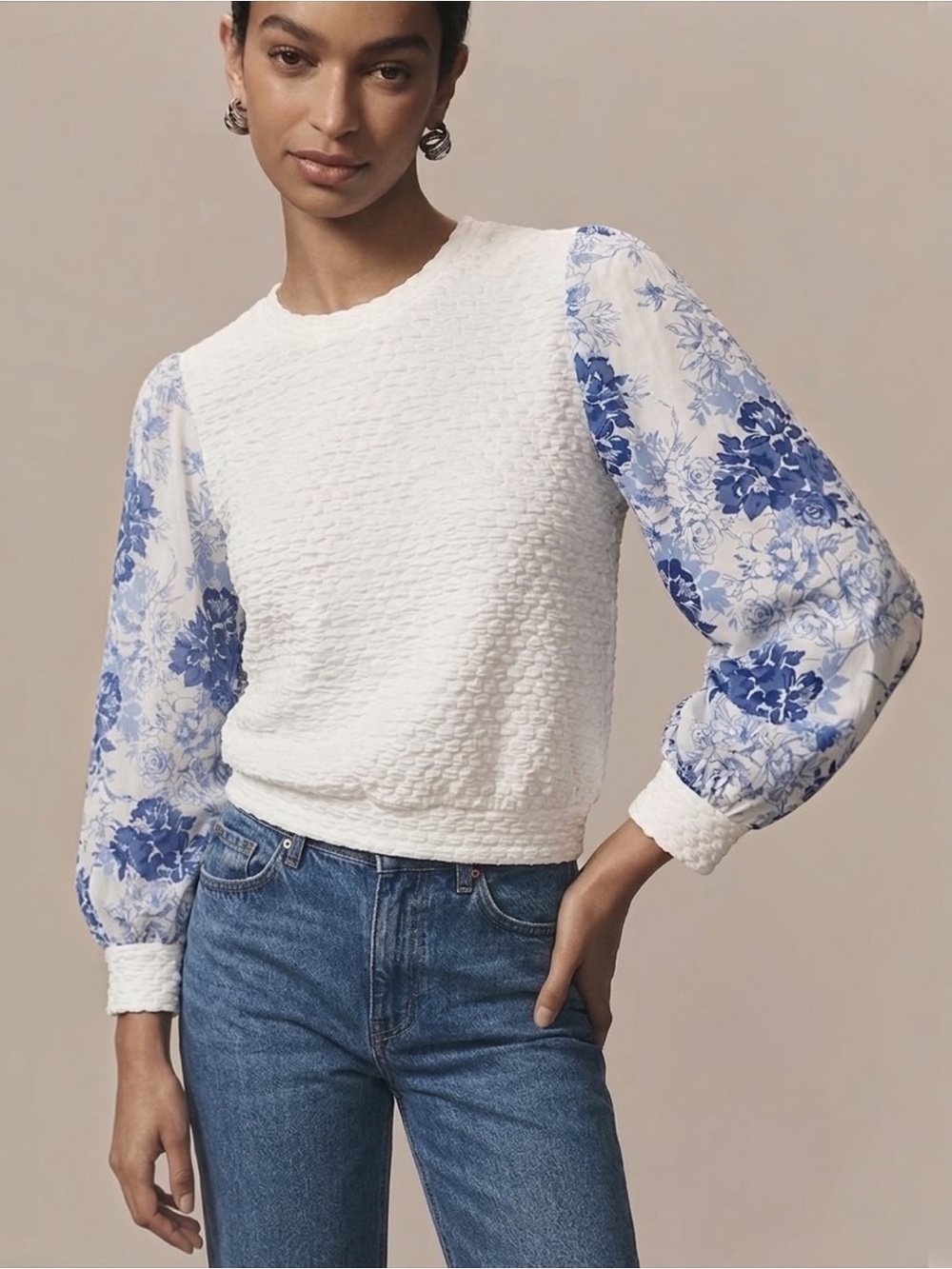 Anthropologie Porridge Textured Toile Sleeve Pullover Sweatshirt White Blue S